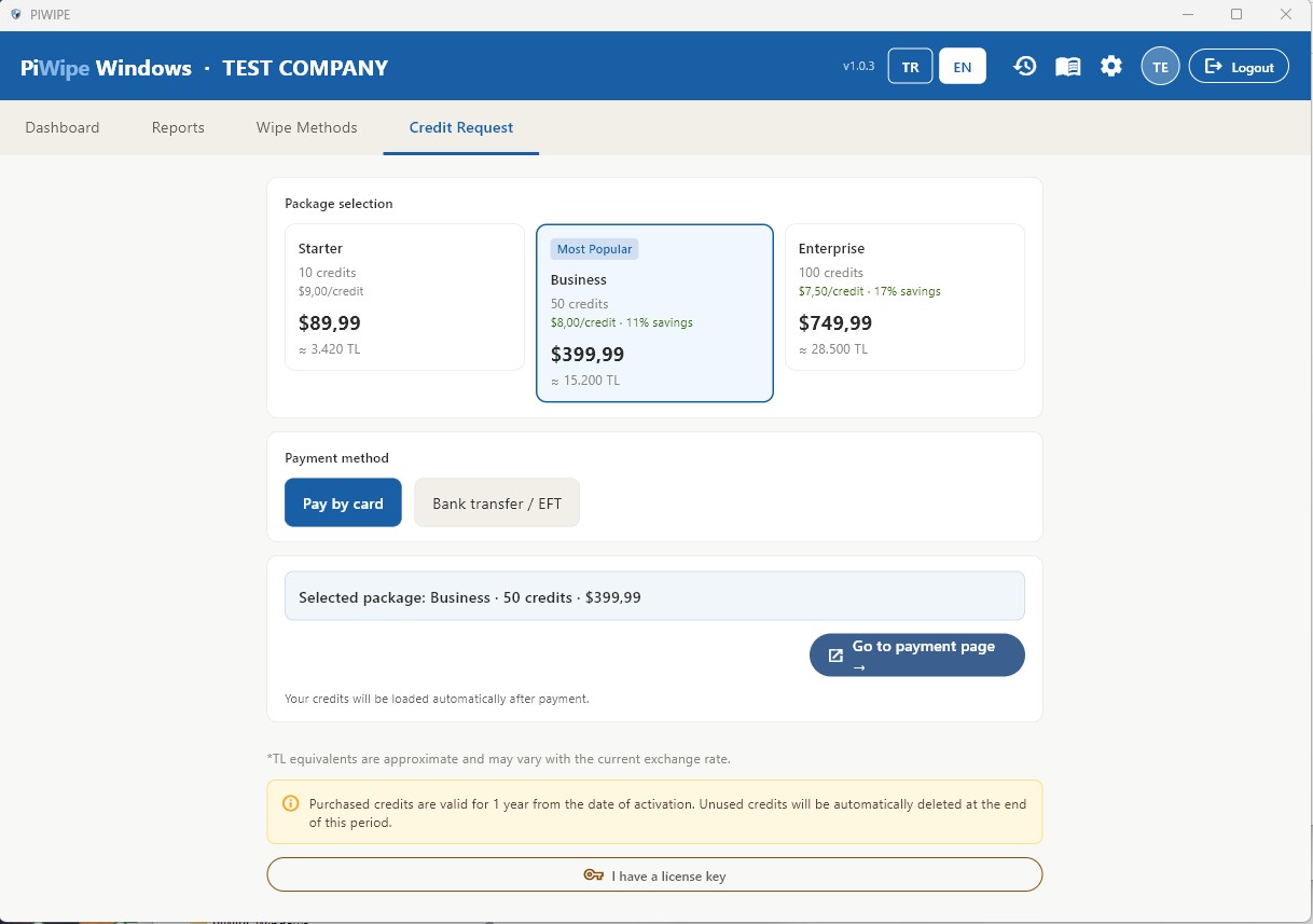 Credit request screen
