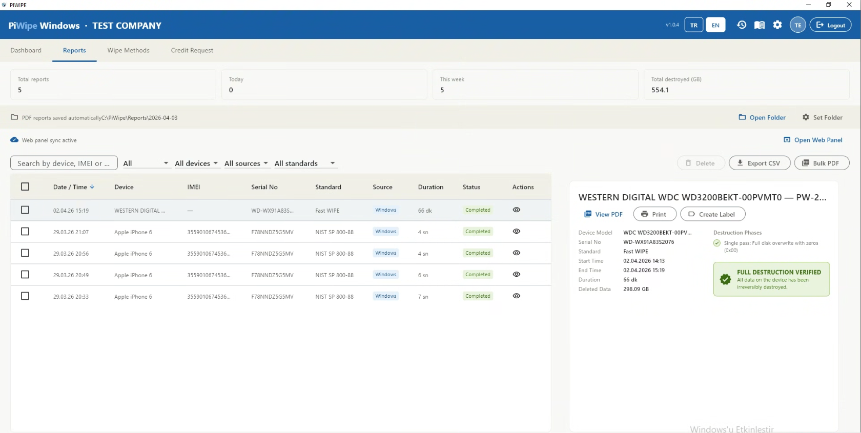 Reports screen — filtering and bulk export