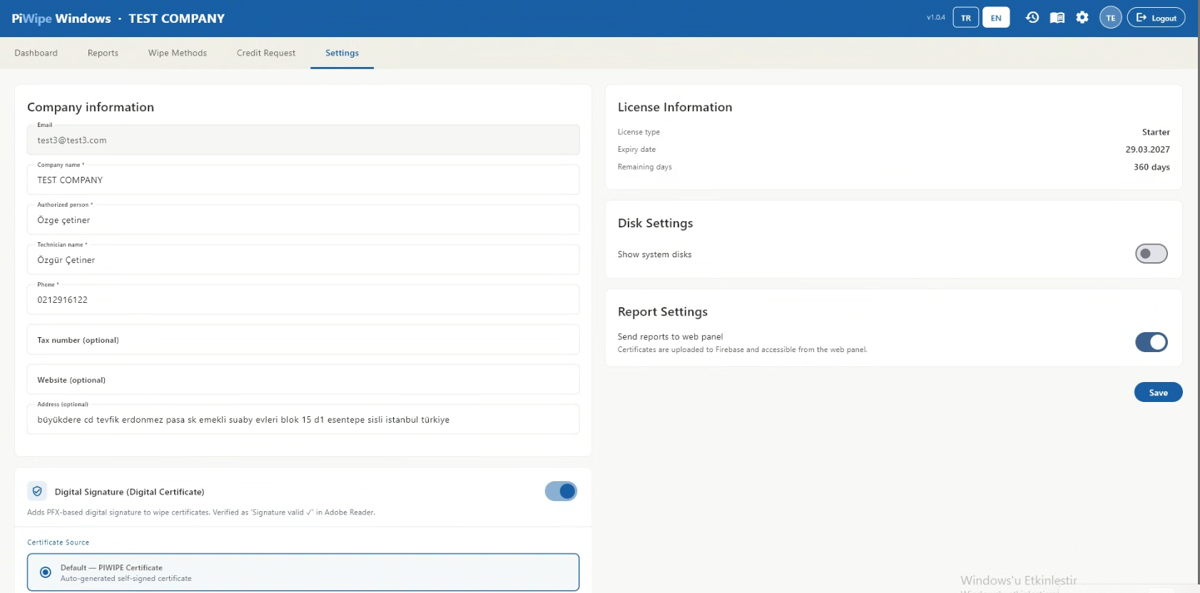 Settings screen — company info and logo