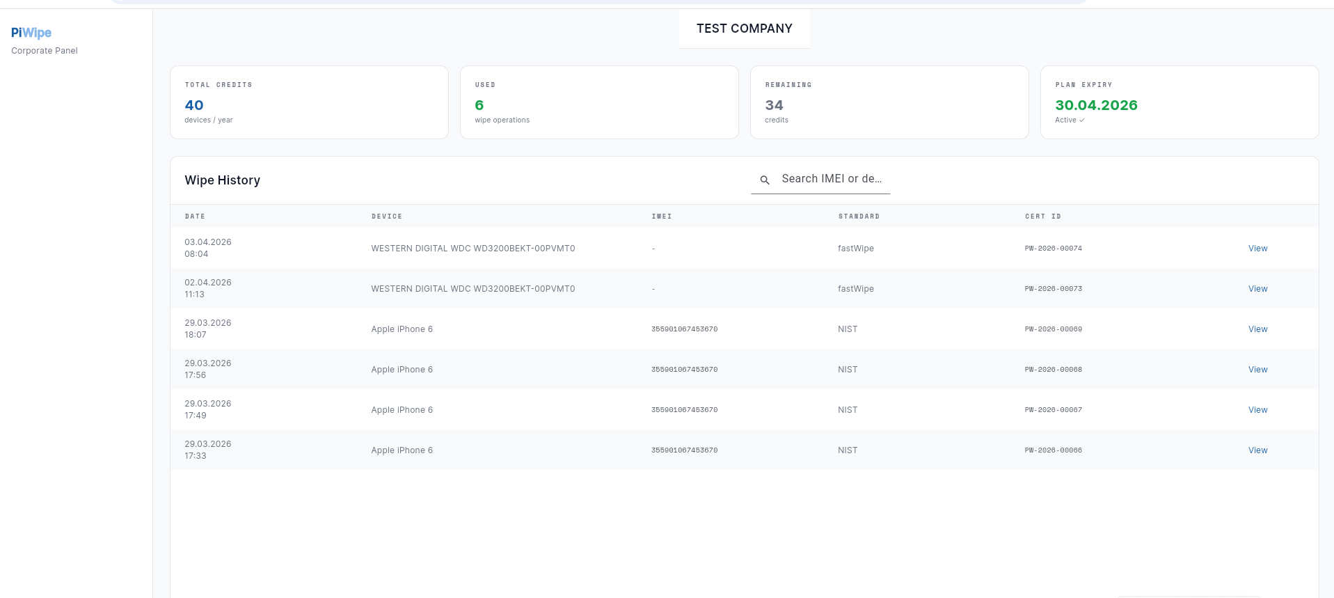 Web panel home screen — certificate list