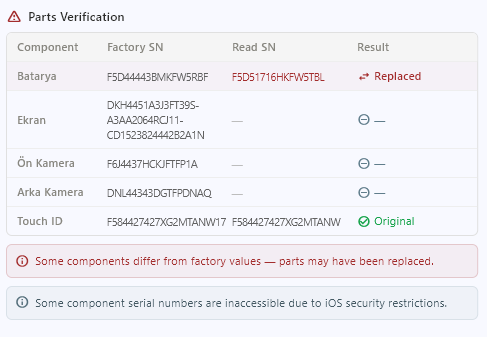 iPhone Parts Verification screen